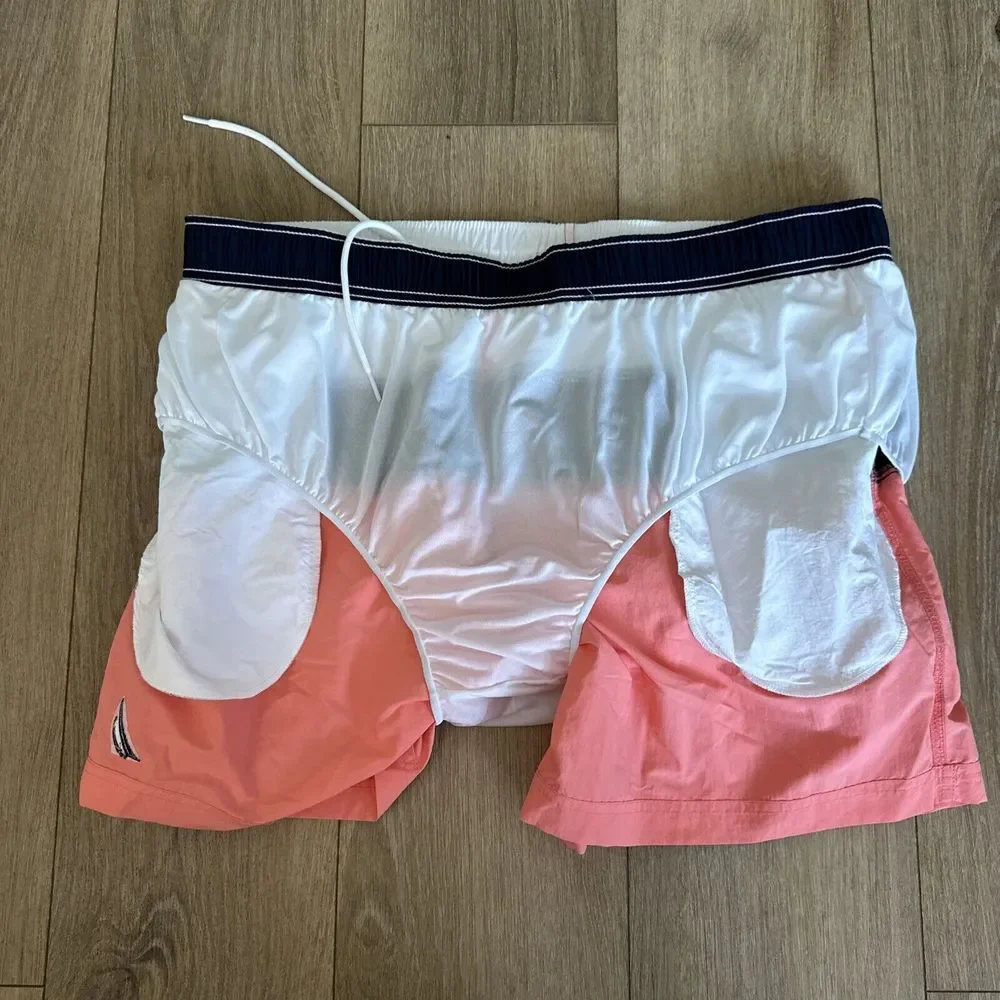 Nautica‎ Swim Trunks Mens Large Coral Blue Color Block Lined Suit XXL 5.5